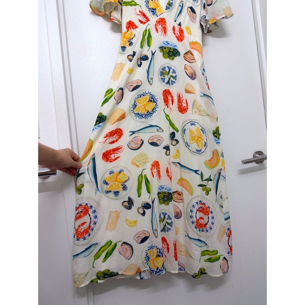 Lisa Says Gah Grace Food Print Midi Dress Tapas Ivory Lemon Olive Fruit XS - Picture 6 of 16